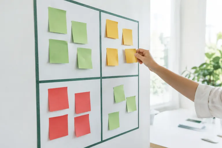 Main plaçant des notes vertes, ambre et rouges dans une matrice à quatre cases au mur