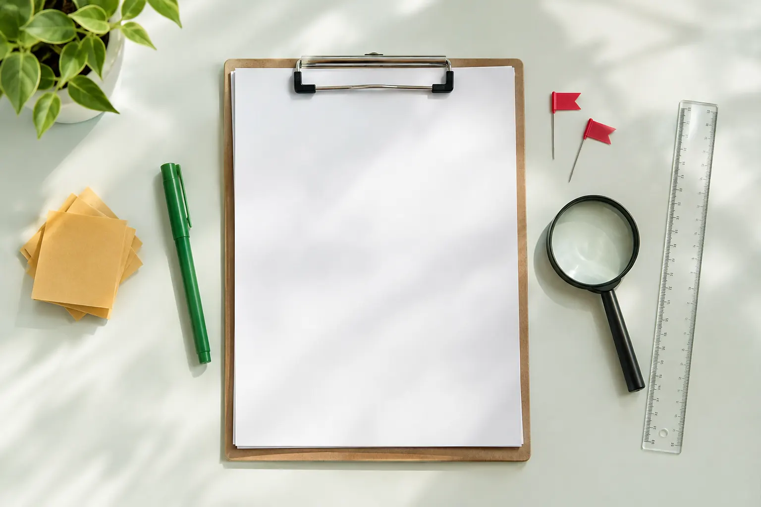 Presse-papiers avec rapport vierge, feutre vert et marque-pages ambre, préparation d’un audit SEO