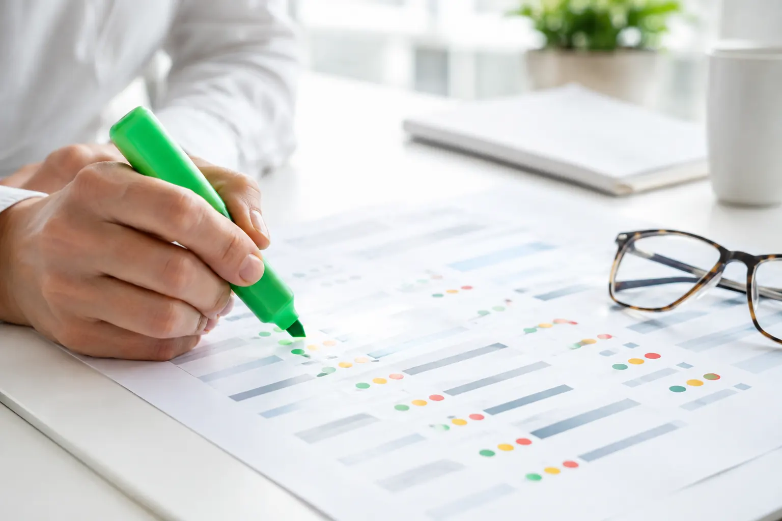 Main surlignant en vert un rapport imprimé à pastilles de statut : lire un rapport d’audit SEO