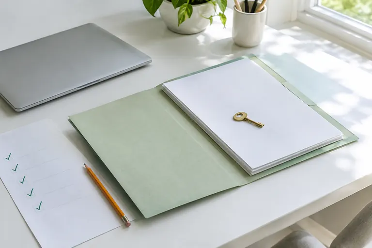 Dossier ouvert avec documents vierges et petite clé, préparation des accès avant un audit SEO