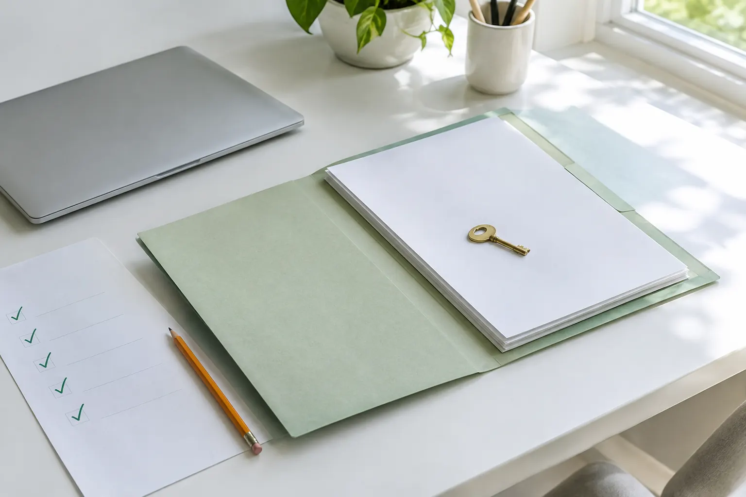 Dossier ouvert avec documents vierges et petite clé : préparer un audit SEO, ses accès et ses données